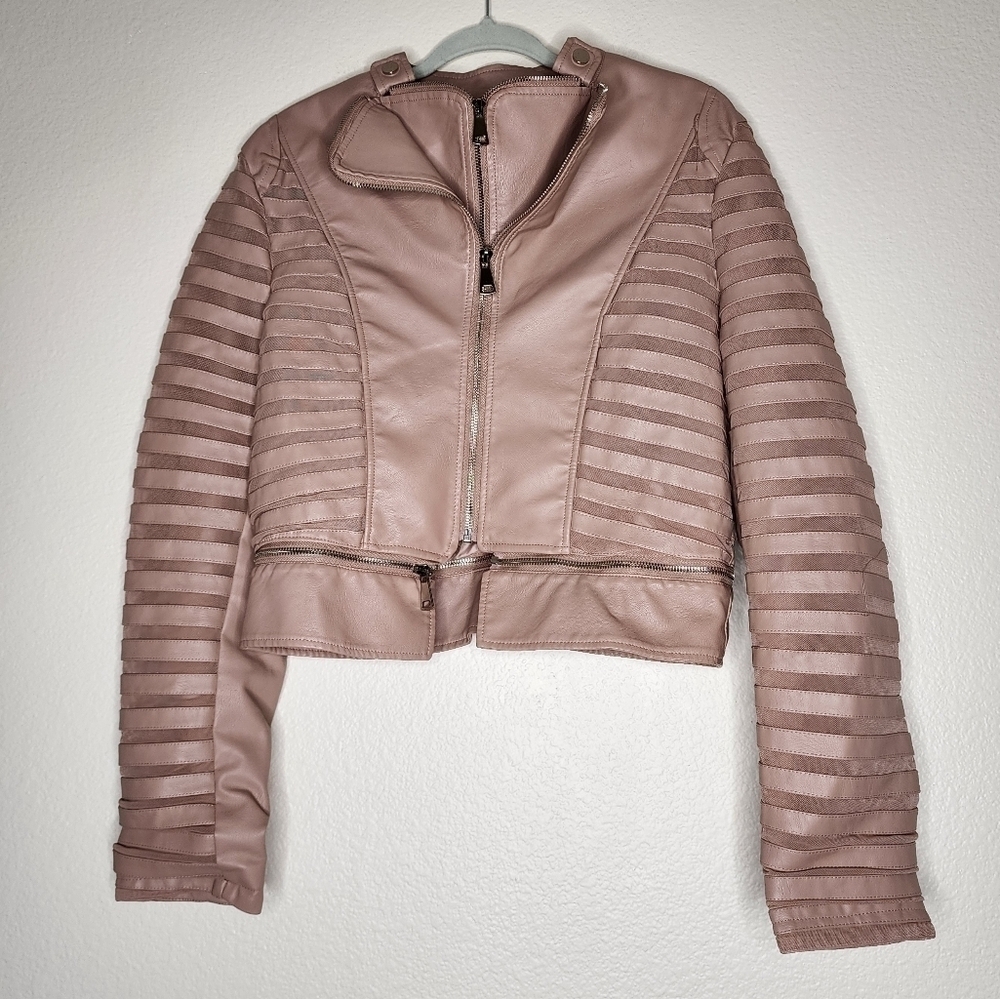 Azalea Wang Pink Mesh Striped Moto Vegan Jacket XL